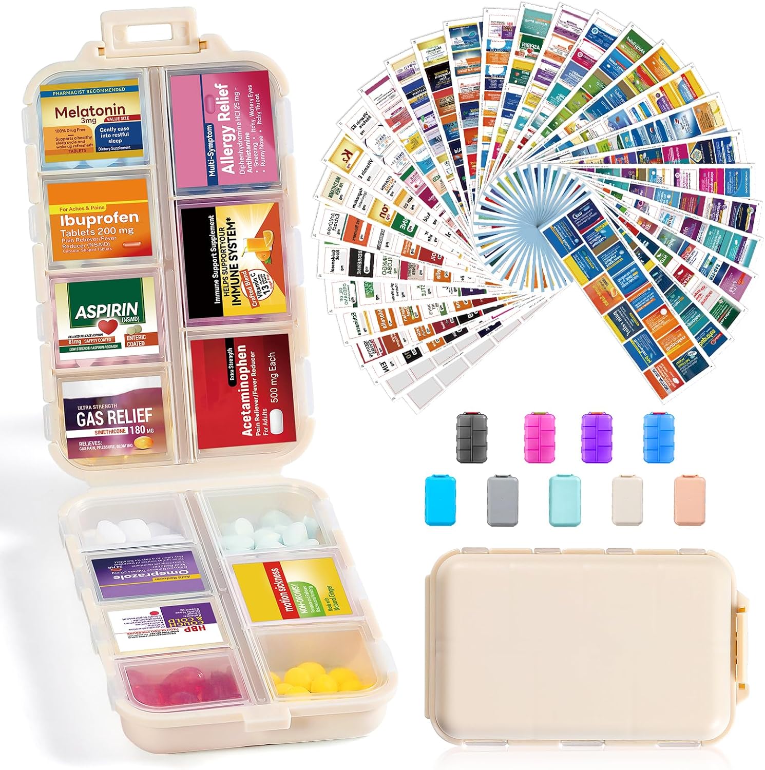 14 Grids Travel Pill Organizer Box with 415-Pcs Medicine Name Labels - Pocket Daily Pharmacy Case Container Kit - Travel Medication Holder Dispenser for Fish Oil Vitamin Supplement Storage - Khaki