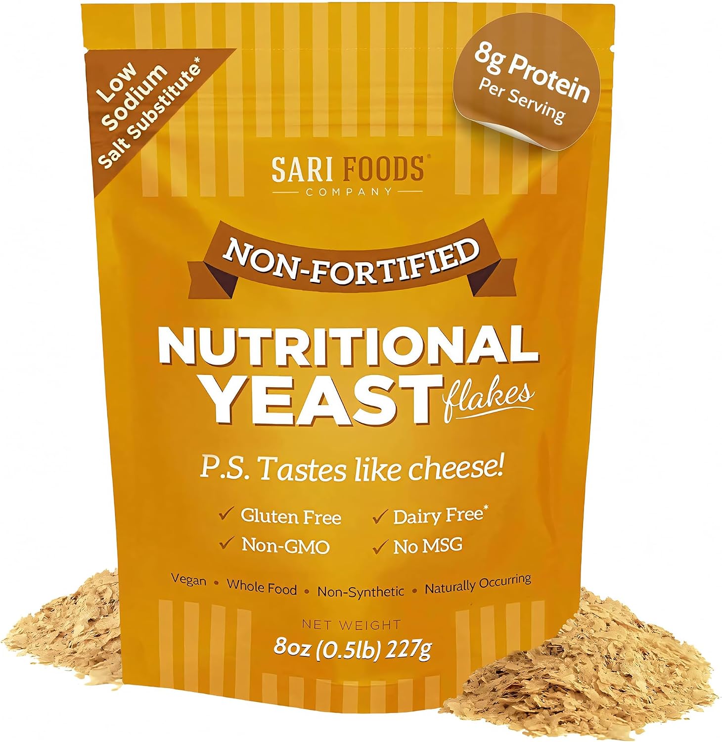 Sari Foods Nutritional Yeast Flakes 8oz, Non Fortified Nutritional Yeast Seasoning Superfood, Protein, Gluten Free & Dairy Free Vegan Cheese Parmesan Substitute, Vitamins B, Beta-glucans & 18 Amino Acids