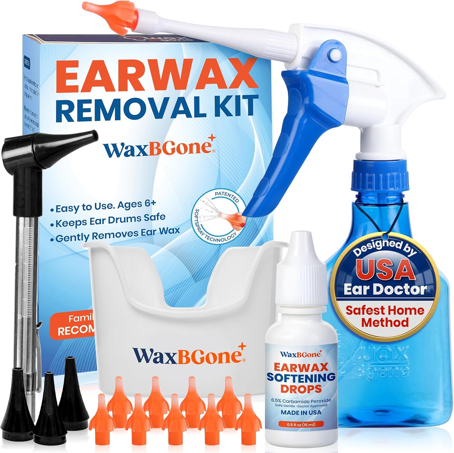 WaxBGone Ear Wax Removal Kit with SoftSpray Irrigation Tips, 4X High Output Sprayer & Ear Basin - Safe, Fast, Gentle Ear Cleaning Kit for Adults & Kids at Home - Premium Kit with Otoscope + Ear Drops