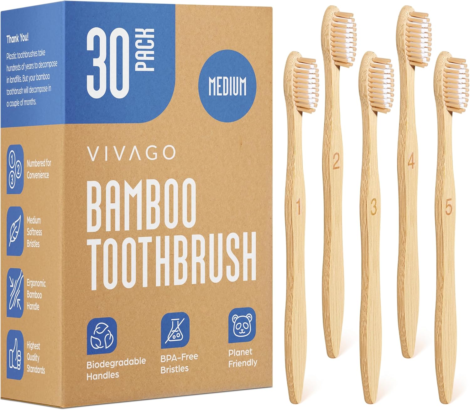 VIVAGO Bamboo Toothbrushes Medium Bristles 30 Pack - BPA Free Medium Bristles Toothbrushes for Adults - Eco-Friendly, Natural Wooden Toothbrush