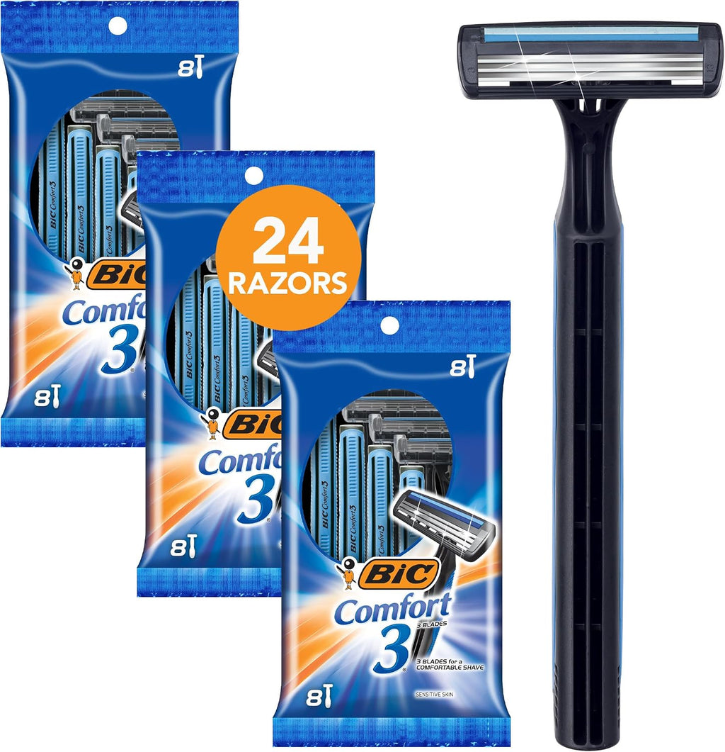 BIC Comfort 3 Disposable Razors, Long-Lasting 3-Blade Razors for Men, Perfect razors Designed for Smooth and Comfortable Shave, 24-Count