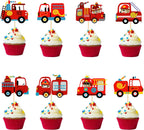 24pcs Fire Truck Cupcake Toppers Bear Firefighter Fire Truck Birthday Decorations Fireman Birthday Party Decorations