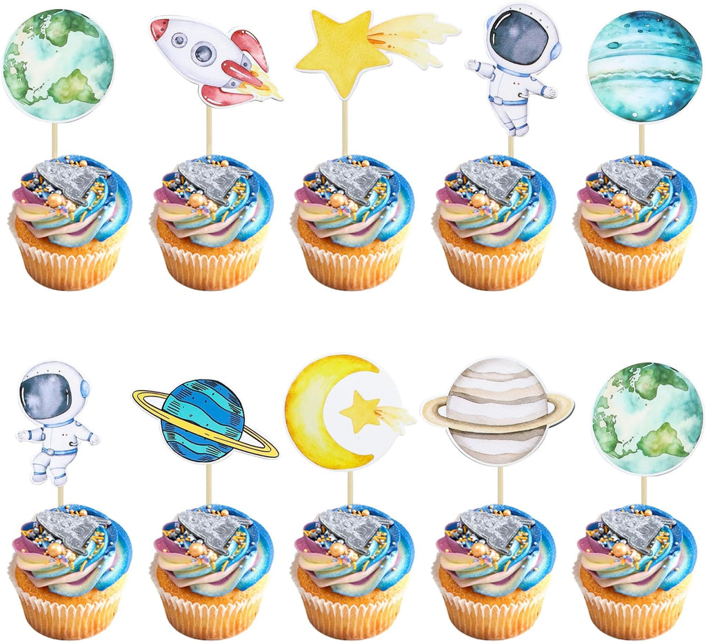Ephlyn 36Pcs Space Astronaut Cupcake Toppers Planet Rocket Spaceship Trip to the Moon Star Cupcake Food Picks Universe Outer Space Theme Baby Shower Kids Birthday Party Supplies Blue