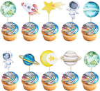 Ephlyn 36Pcs Space Astronaut Cupcake Toppers Planet Rocket Spaceship Trip to the Moon Star Cupcake Food Picks Universe Outer Space Theme Baby Shower Kids Birthday Party Supplies Blue