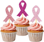 24 Pcs Glitter Pink Breast Cancer Awareness Ribbon Cupcake Toppers, Fight Hope Believe Breast Cancer Party Cupcake Picks for Cake Decoration Supplies