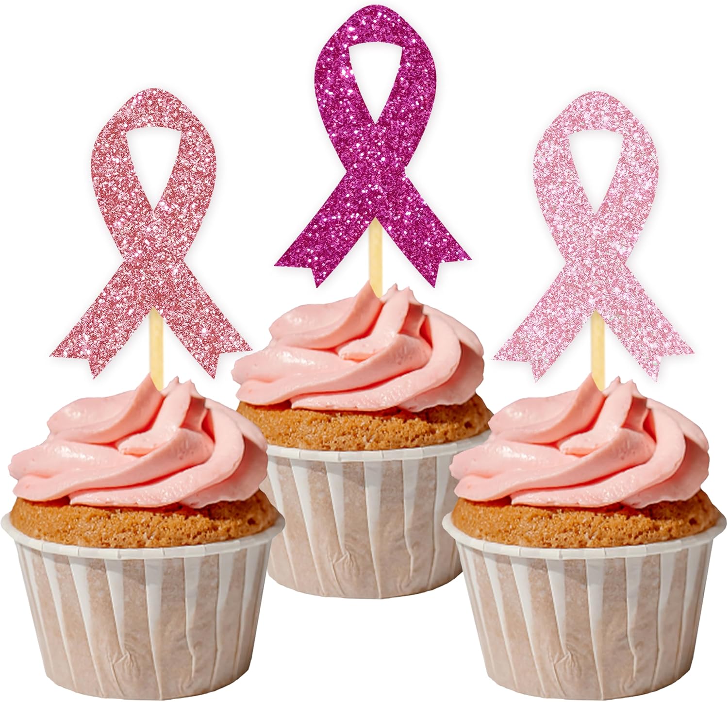 24 Pcs Glitter Pink Breast Cancer Awareness Ribbon Cupcake Toppers, Fight Hope Believe Breast Cancer Party Cupcake Picks for Cake Decoration Supplies