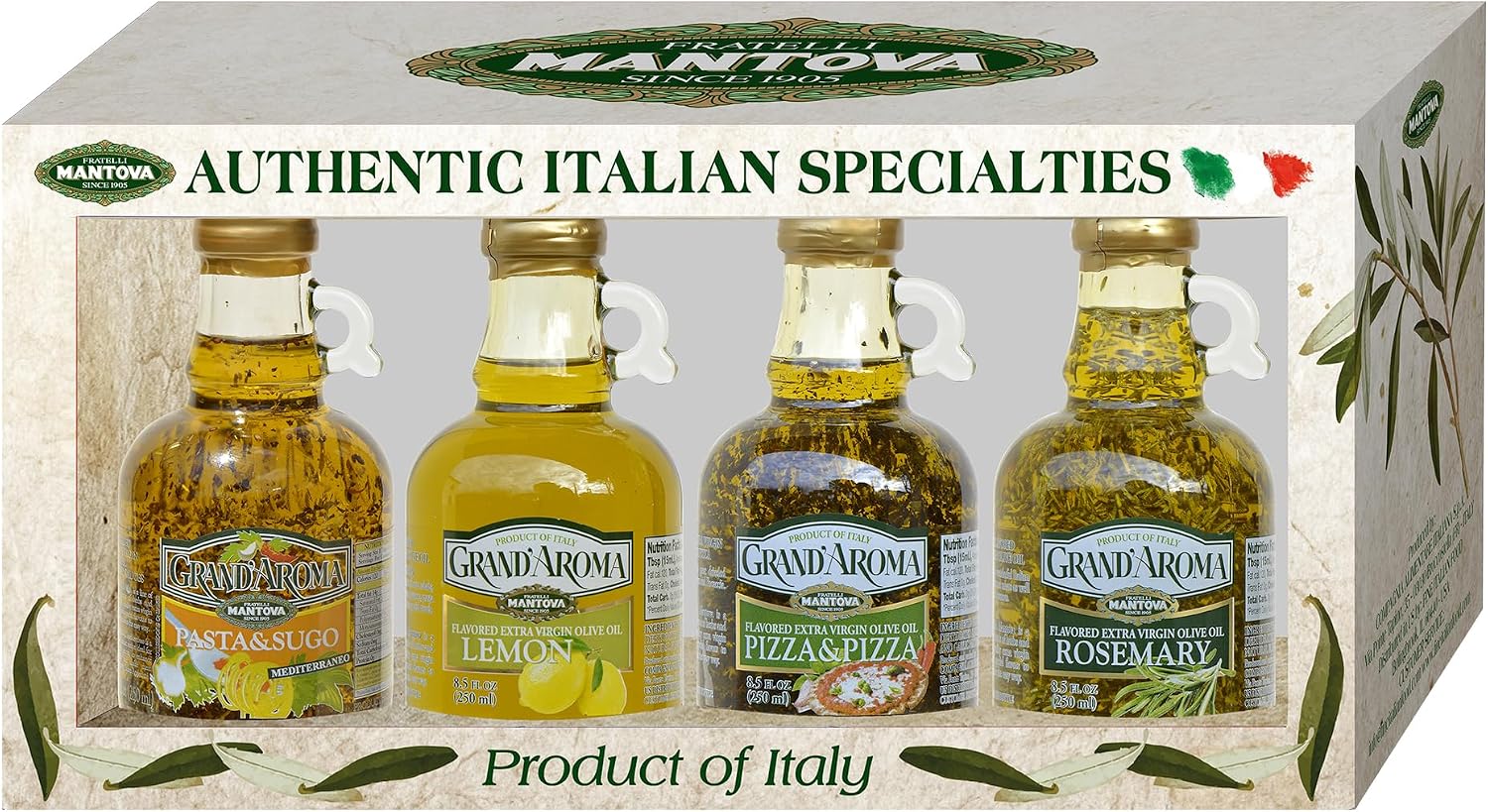 Mantova Grand'Aroma Flavored Extra Virgin Olive Oils, Variety Gift Set, 8.5 Oz Bottles, Pasta & Sugo, Pizza & Pizza, Rosemary, Lemon, Made in Italy (Pack of 4)