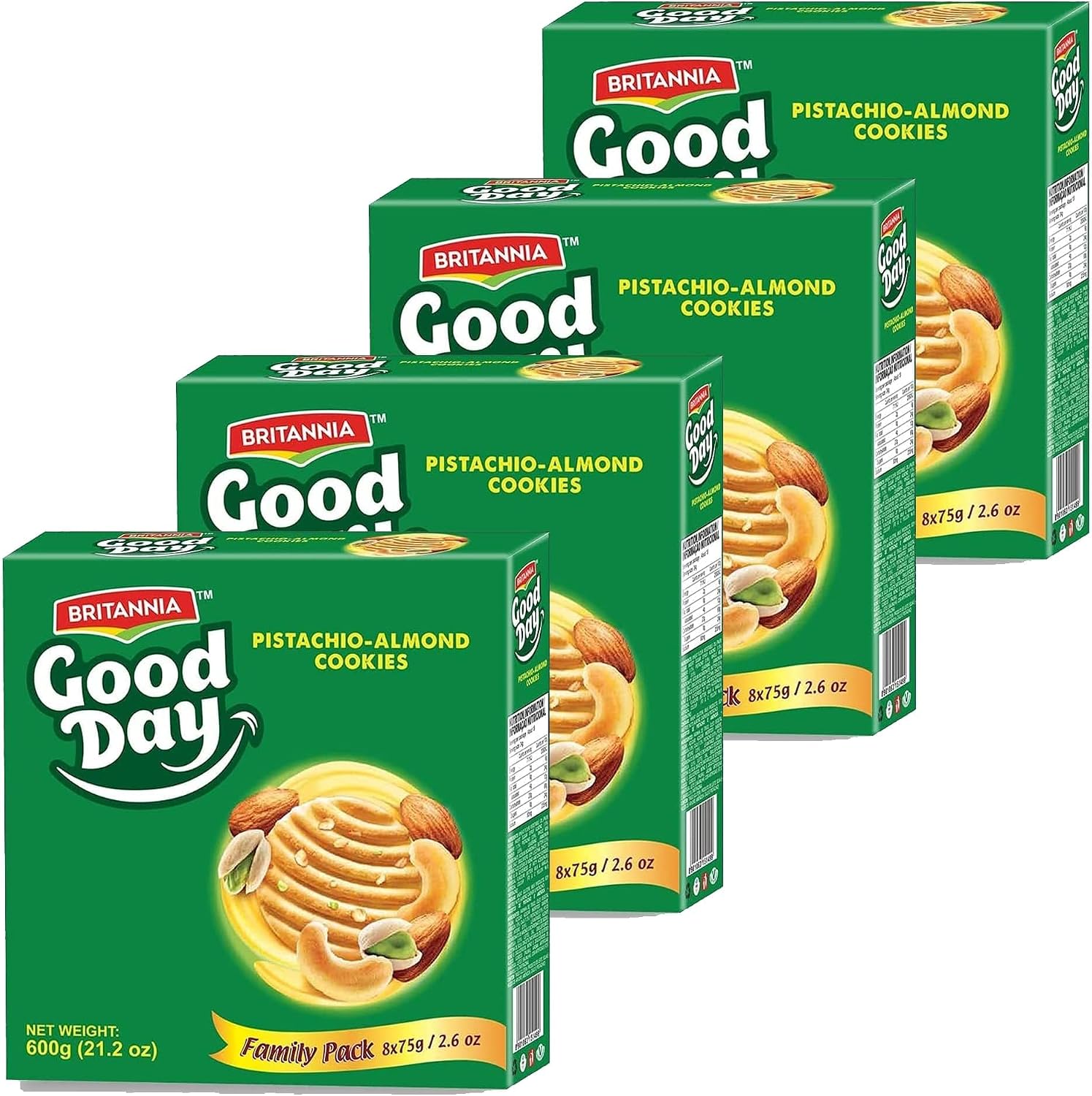 Britannia Good Day Pistachio/Almond Cookies Family Pack 21.2oz (600g) - Breakfast & Tea Time Snacks - Delicious Grocery Cookies (Pack of 4)