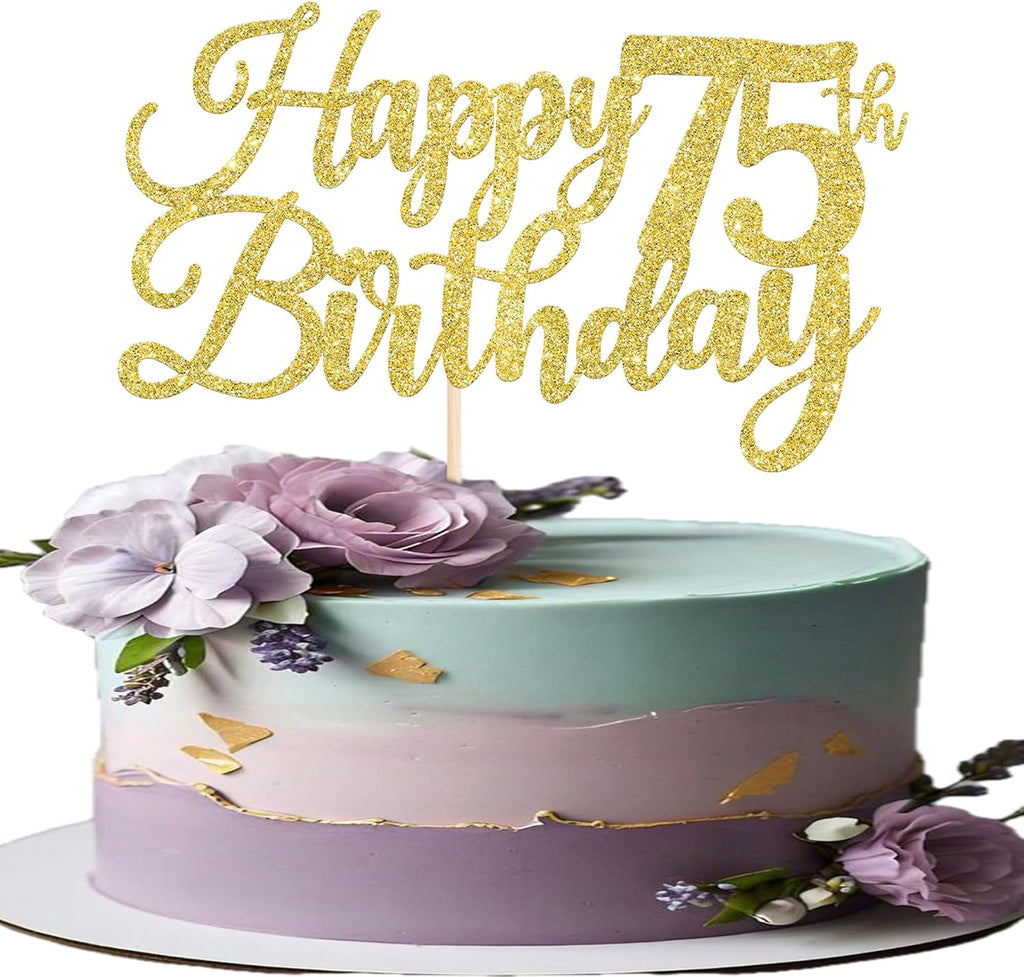 Rsstarxi 1 Pack Happy 75th Birthday Cake Topper Gold Glitter Cheers to 75 Years Hello 75 Fabulous Cake Pick for It's My 75 Birthday Theme Celebrate Party Cake Decorations Supplies