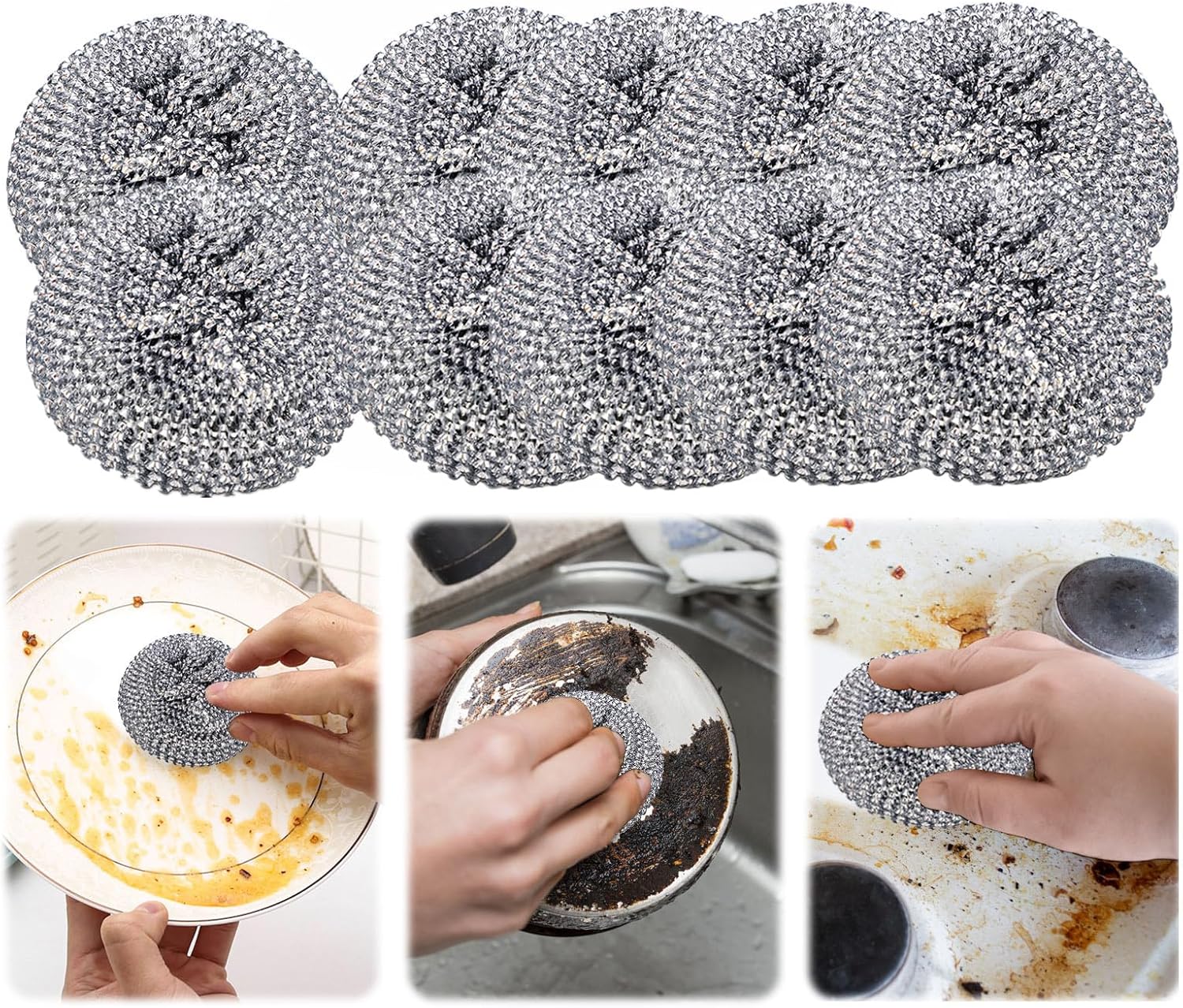 10er Pack Stainless Steel Sponges Scrubbers Cleaning Ball Utensil Scrubber Density Metal Scrubber Brush Pads Ball for Pot Pan Dish Wash Cleaning for Removing Rust Dirty Cookware Brush
