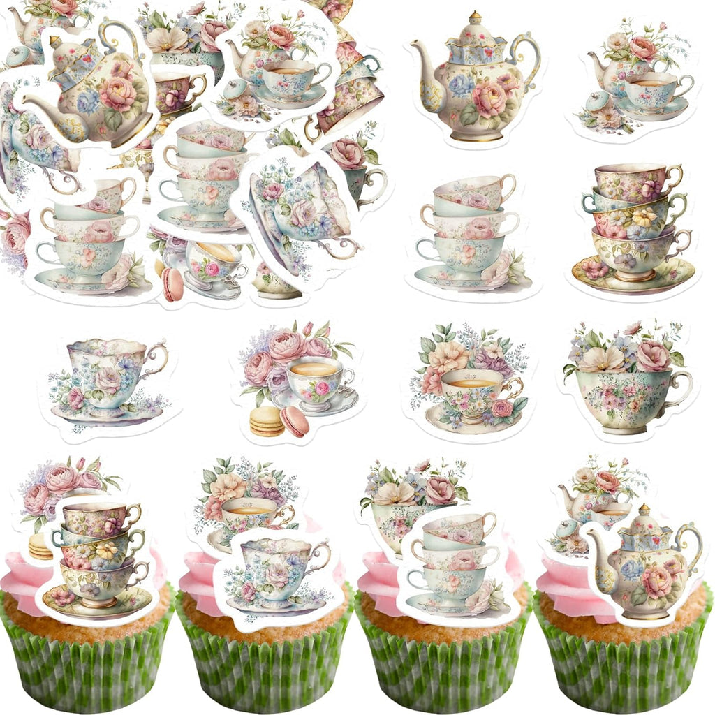 45PCS Edible Tea Party Cupcake Toppers Wafer Paper Teapot Teacup Cupcake Toppers Floral Tea Time Cake Picks Afternoon Tea Decorations for Tea Party Theme Baby Shower Decor Supplies