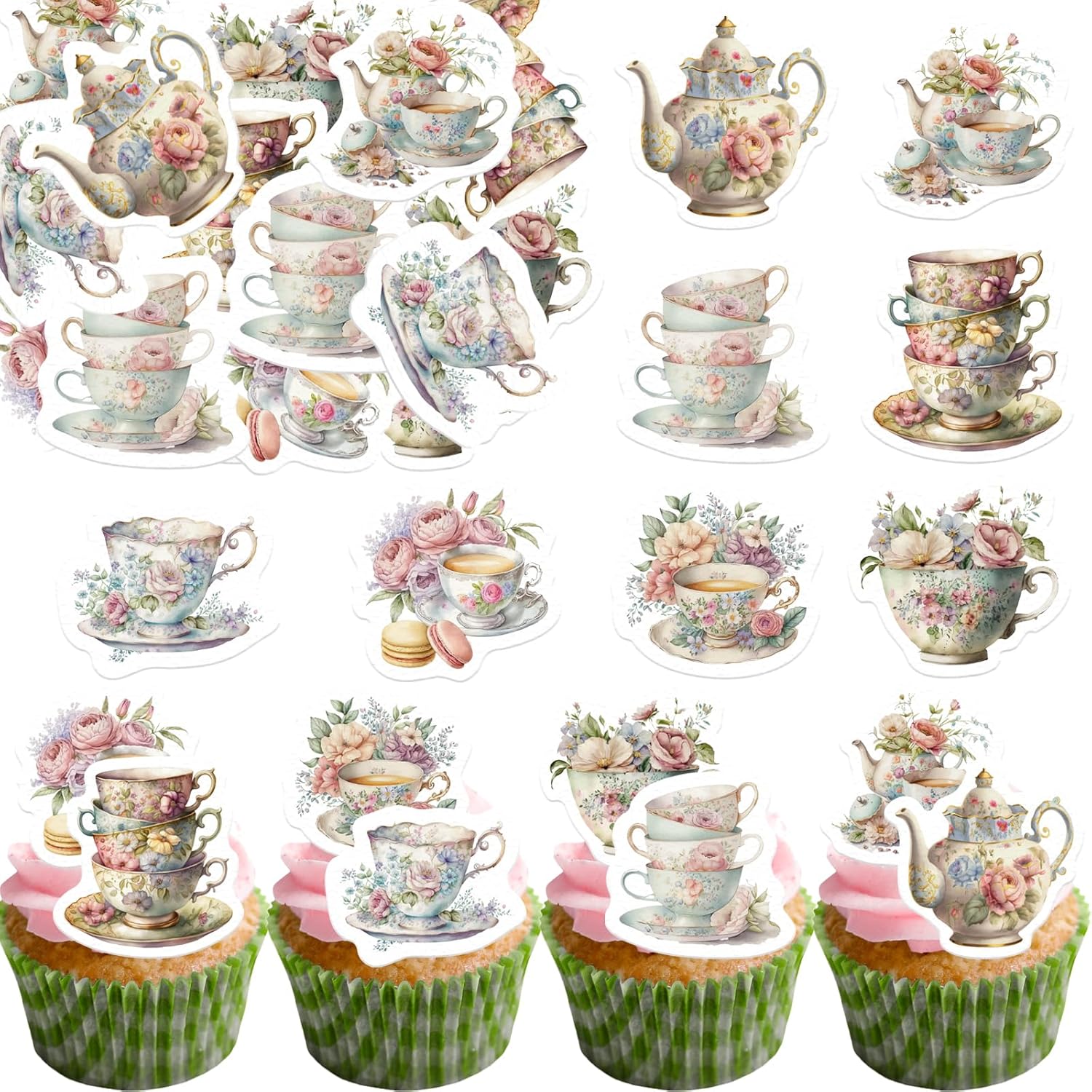 45PCS Edible Tea Party Cupcake Toppers Wafer Paper Teapot Teacup Cupcake Toppers Floral Tea Time Cake Picks Afternoon Tea Decorations for Tea Party Theme Baby Shower Decor Supplies