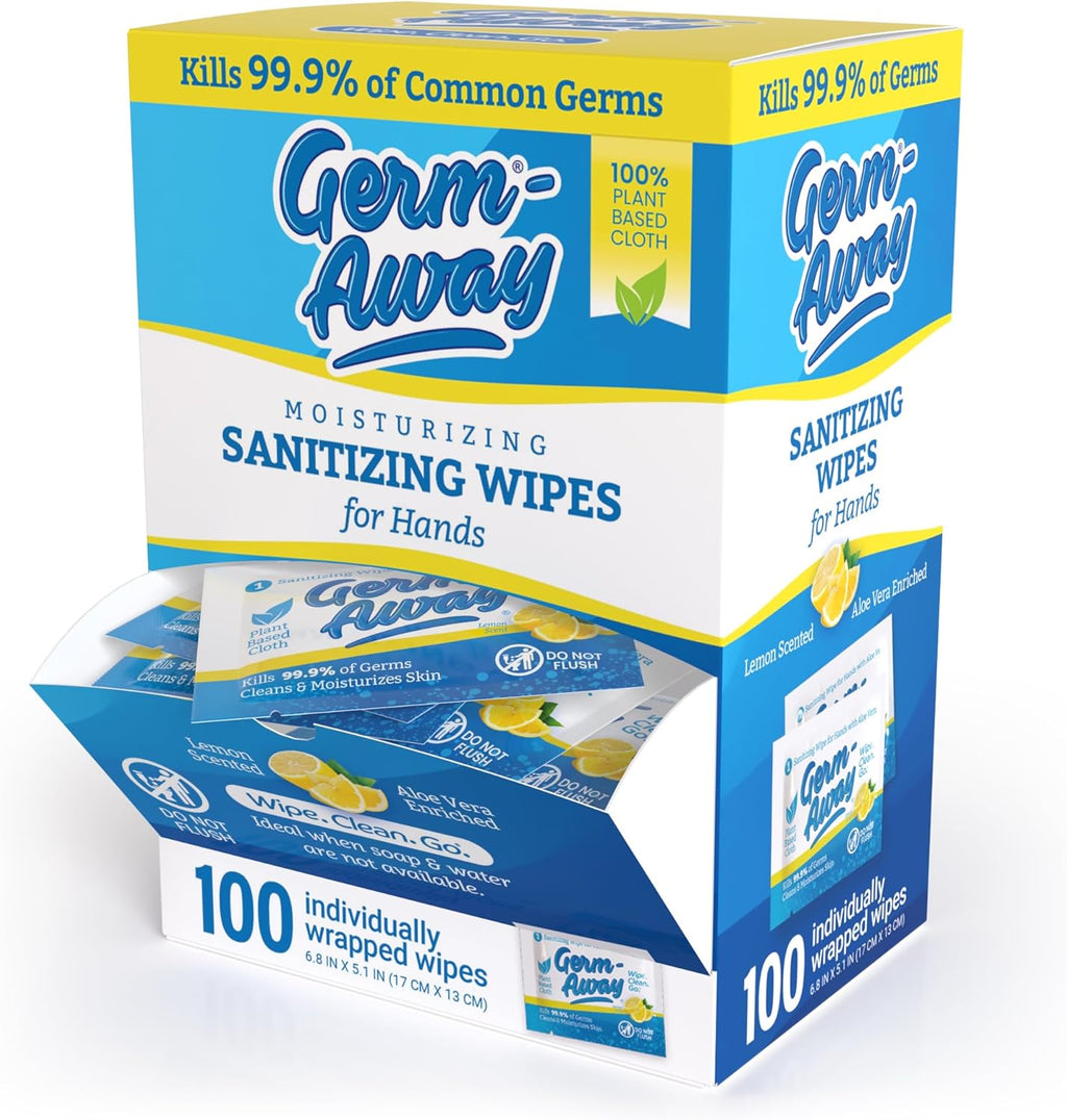 Large Antibacterial Hand Wipes Individually Wrapped Wipes, Travel Size Hand Sanitzer Wipes with Aloe in Dispenser Box, 100 ct Lemon Scent (100 wipes) (Pack of 1)