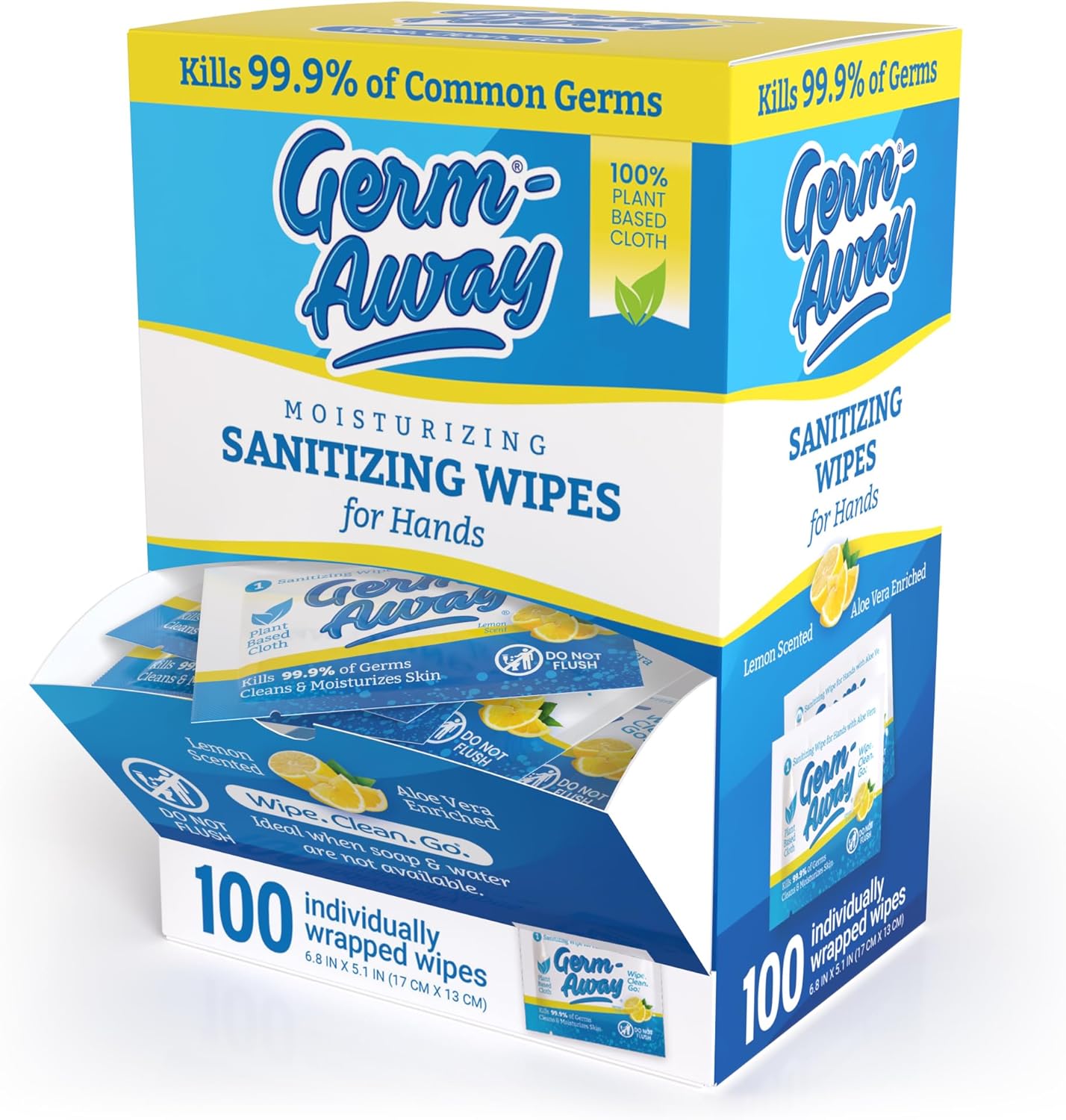 Large Antibacterial Hand Wipes Individually Wrapped Wipes, Travel Size Hand Sanitzer Wipes with Aloe in Dispenser Box, 100 ct Lemon Scent (100 wipes) (Pack of 1)