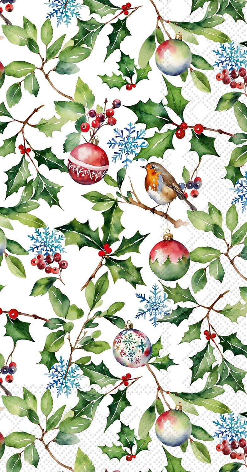 IHR Ideal Home Range Dinner Napkins Disposable 3-Ply Paper Guest Hand Towels, 8.5" x 4.5", Christmas Holly, 16-Count
