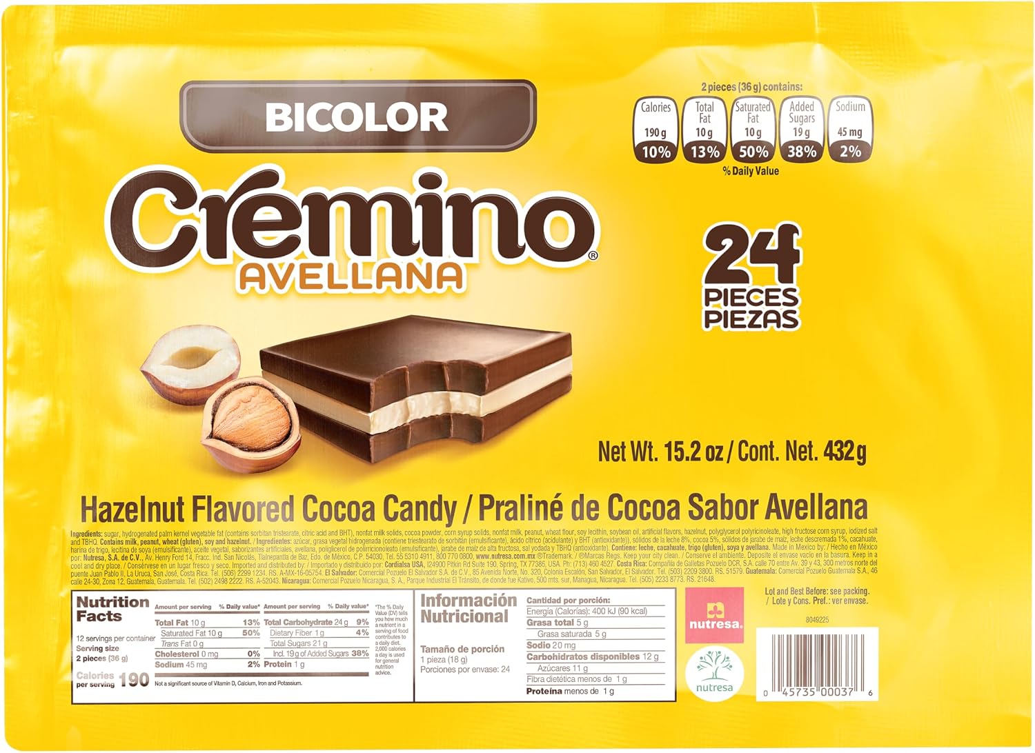 Cremino Milk Chocolate and Hazelnut Bars, 24 bars, 11.85 oz