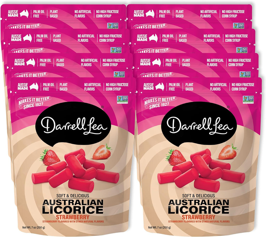 Darrell Lea Soft Australian Licorice, Non-GMO, No Palm Oil, Vegetarian Friendly, No High Fructose Corn Syrup, Soft & Chewy Licorice Candy, Made in Australia (Strawberry, 7 Ounce (Pack of 8))