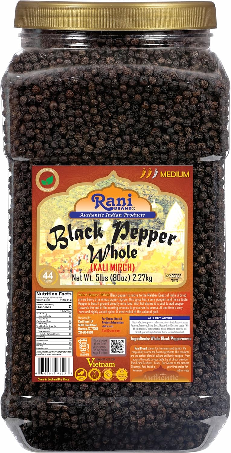 Rani Black Pepper Whole (Peppercorns), Premium MG-1 Grade 80oz (5lbs) 2.27kg Bulk PET Jar ~ All Natural | Gluten Friendly | Non-GMO | Kosher | Product of Vietnam | Perfect size for Grinders!