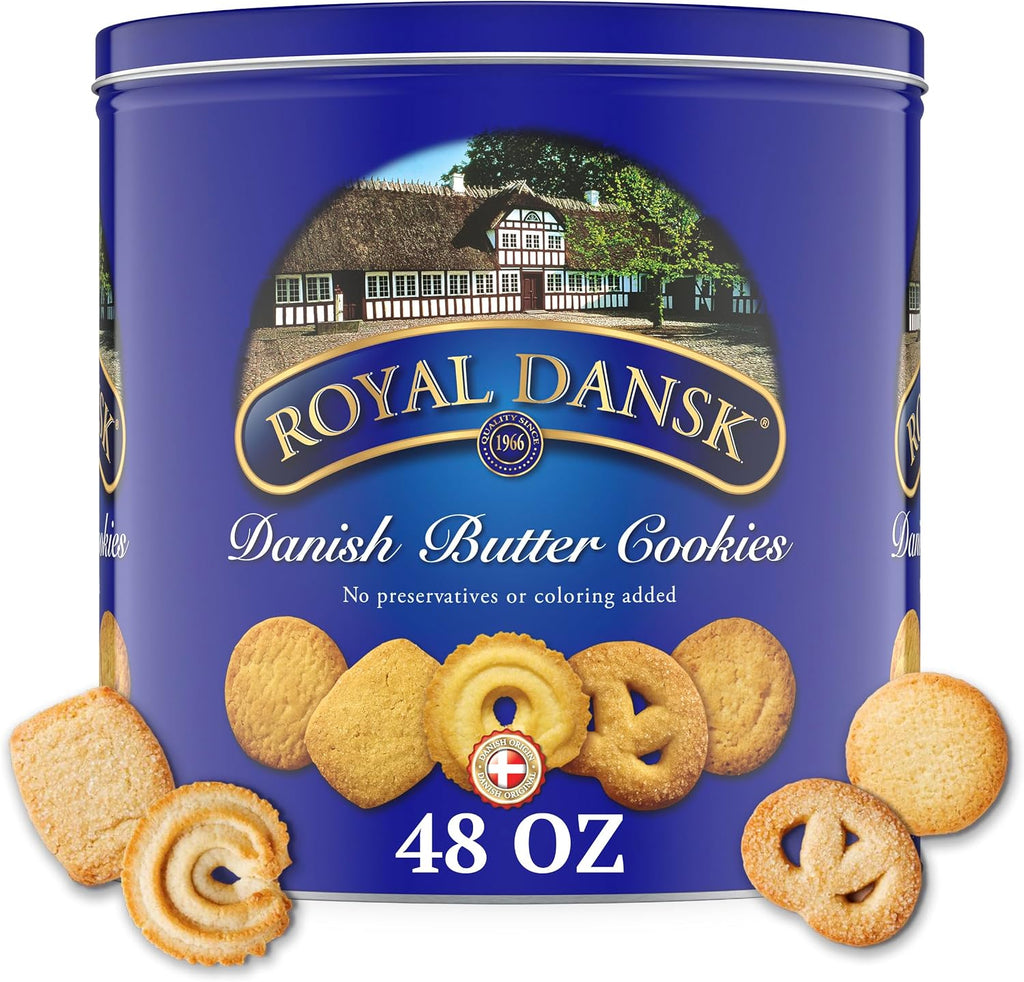 Royal Dansk Danish Butter Cookies, 48oz Exclusive Tin, Traditional Assortment, Made with Real Butter, Perfect for Sharing with Recyclable Tin