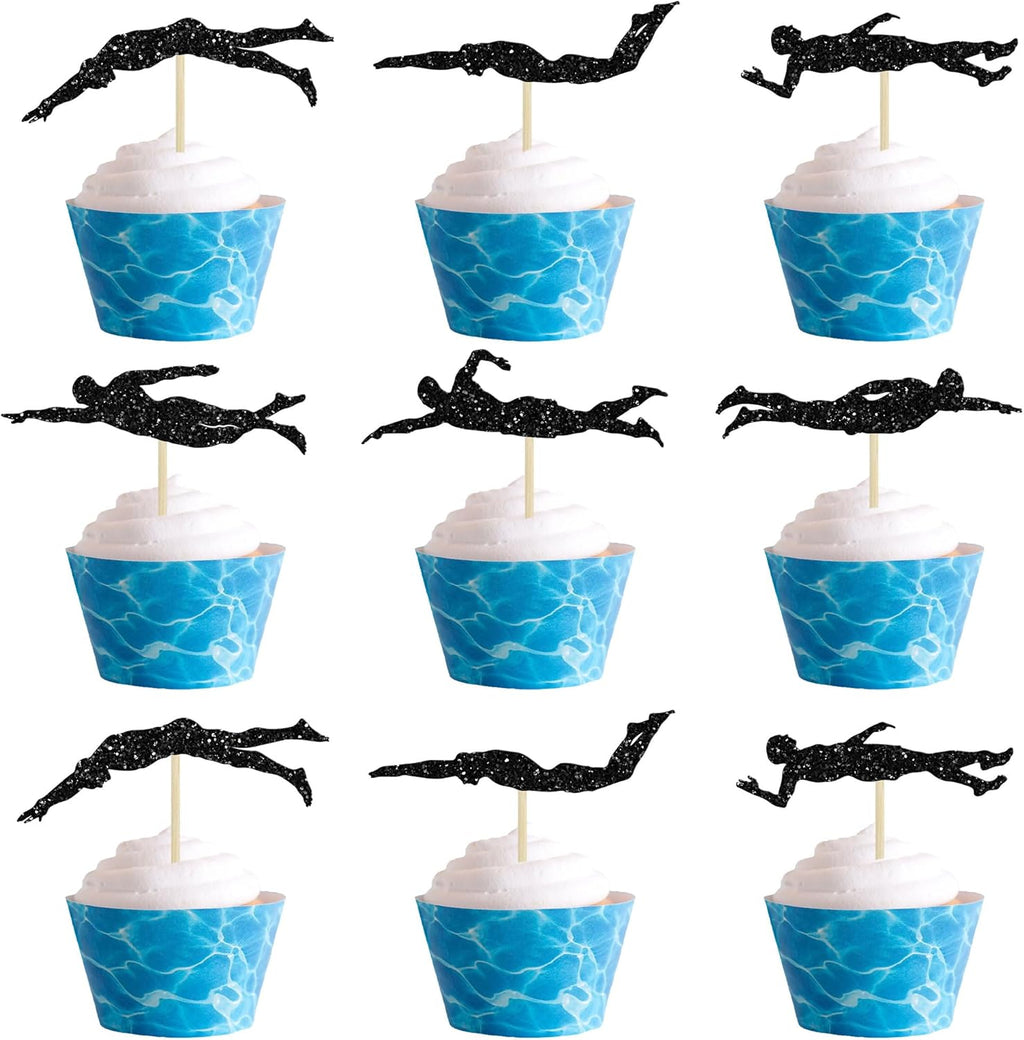 Gyufise 24Pcs Swim Team Cupcake Toppers Black Swimmer Swimming Cupcake Toppers Swim Party Cake Topper Decorations for Beach Pool Party Supplies