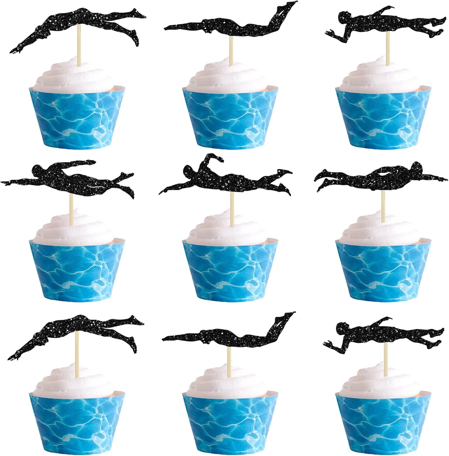 Gyufise 24Pcs Swim Team Cupcake Toppers Black Swimmer Swimming Cupcake Toppers Swim Party Cake Topper Decorations for Beach Pool Party Supplies