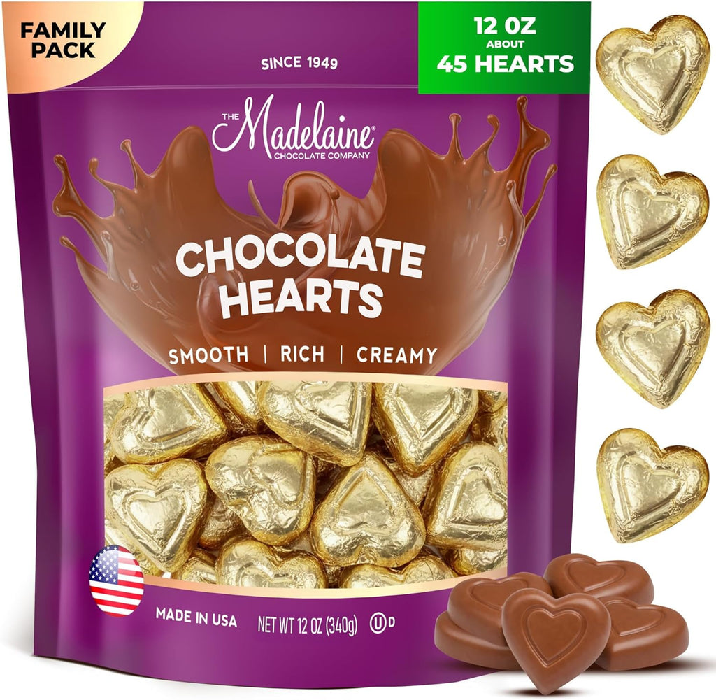 Madelaine Milk Chocolate Gold Hearts for St. Patrick's Day - 45 Individually Wrapped Candy in Gold Foil - Premium St. Patricks Day Candy for Her & Him - 12 Oz