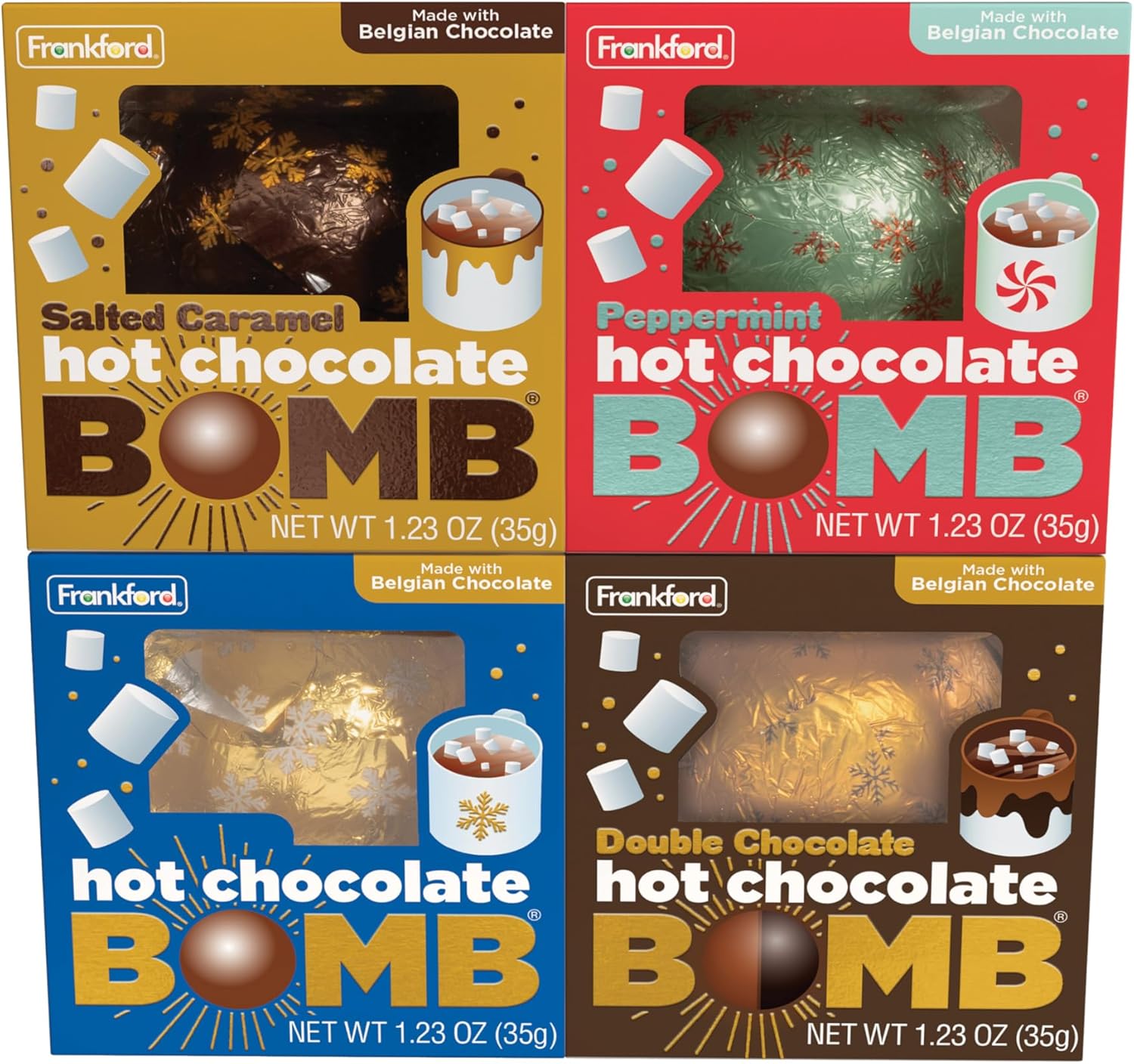 Frankford Holiday Hot Chocolate BOMB Set with Original, Peppermint, Double Chocolate, and Salted Caramel Flavored Melting Cocoa Balls with Marshmallows, 4 Count