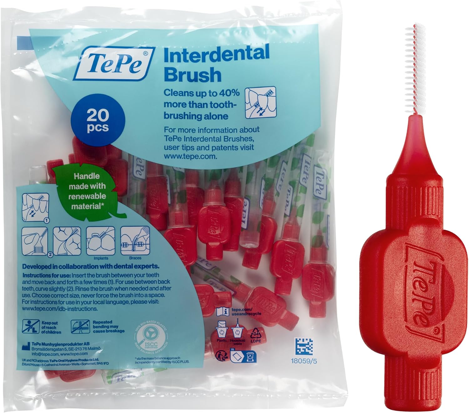 TePe Interdental Brushes Original | Size 5-0.8mm | 1 Pack of 20 Brushes (Red)
