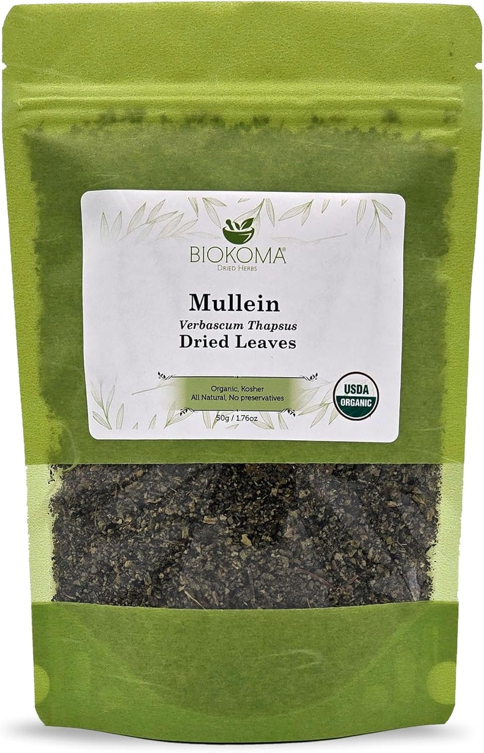 Biokoma Organic Mullein Dried Leaves 50g 1.76oz Verbascum thapsus USDA Organic Herbal Tea Lung Detox Respiratory Support Immunity Resealable Pouch Pure Caffeine-Free No Preservatives No GMO Kosher