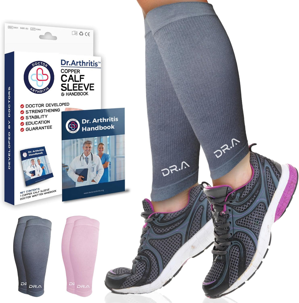 Dr. Arthritis Calf Compression Sleeve for Men and Women, Helps with Varicose Vein & Calf Discomfort (Medium, Grey, 1 Pair)