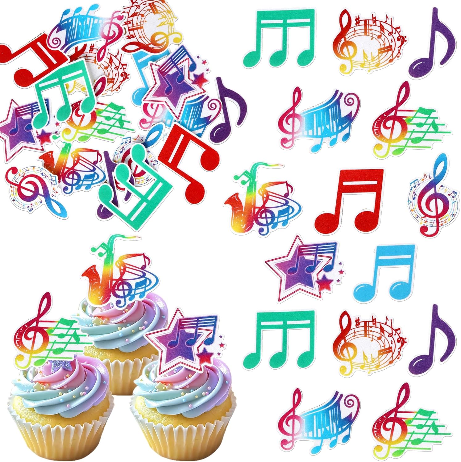 60 Pack Edible Music Notes Cupcake Toppers Wafer Paper Saxophone Cupcake Picks Vinyl Record Cake Decorations for Retro Rock and Roll Music Theme Baby Shower Birthday Party Supplies