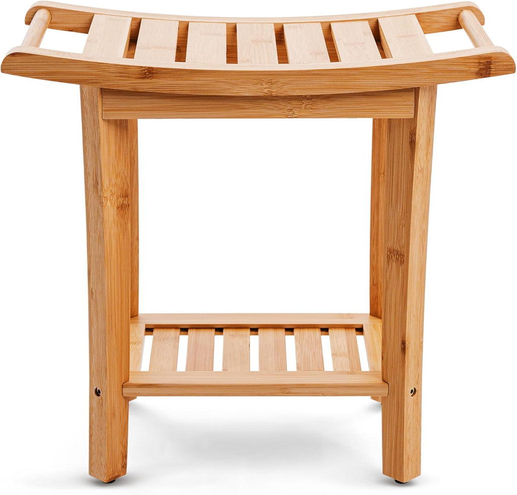Teak shower bench with Storage Shelf, Shower Stool for Inside Shower, Waterproof Shower Bench Seat, Shower Chair for Inside Shower, Wood Bench, Bathroom Bench (Natural Wood) (Bamboo Wood)