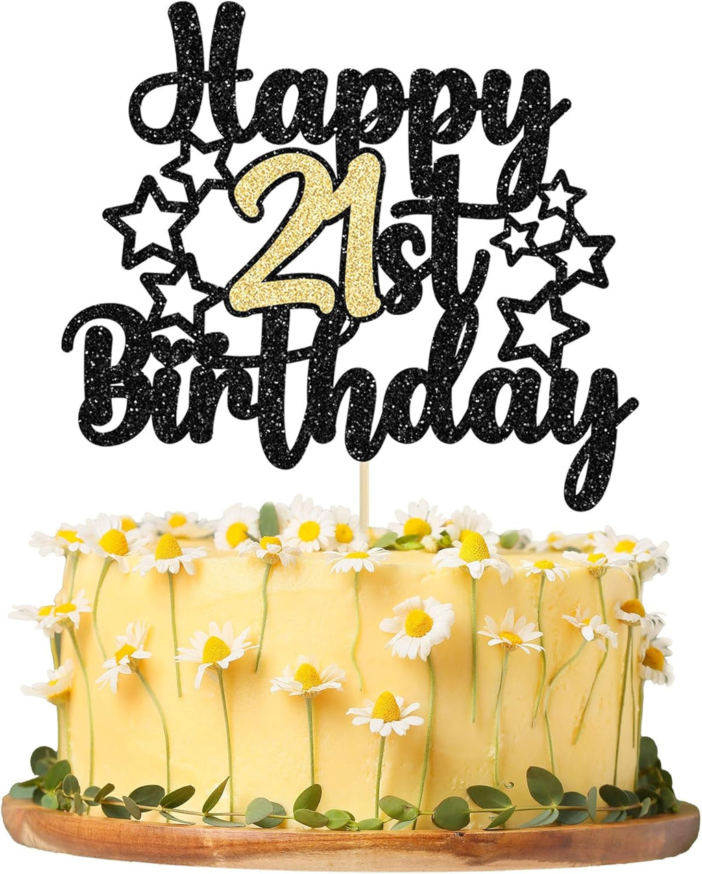 Gyufise 1Pc Happy 21st Birthday Cake Topper Black Gold Glitter Cheers to 21 Years Birthday Cake Pick 21 Fabulous Cake Decoration for 21st Wedding Anniversary Party Supplies