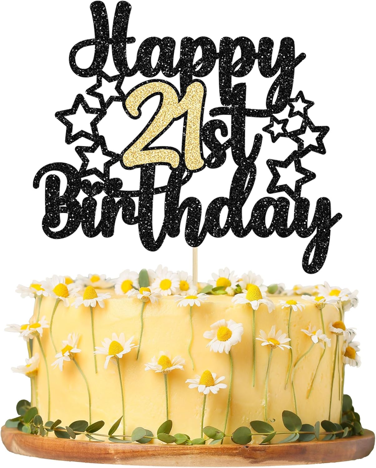 Gyufise 1Pc Happy 21st Birthday Cake Topper Black Gold Glitter Cheers to 21 Years Birthday Cake Pick 21 Fabulous Cake Decoration for 21st Wedding Anniversary Party Supplies
