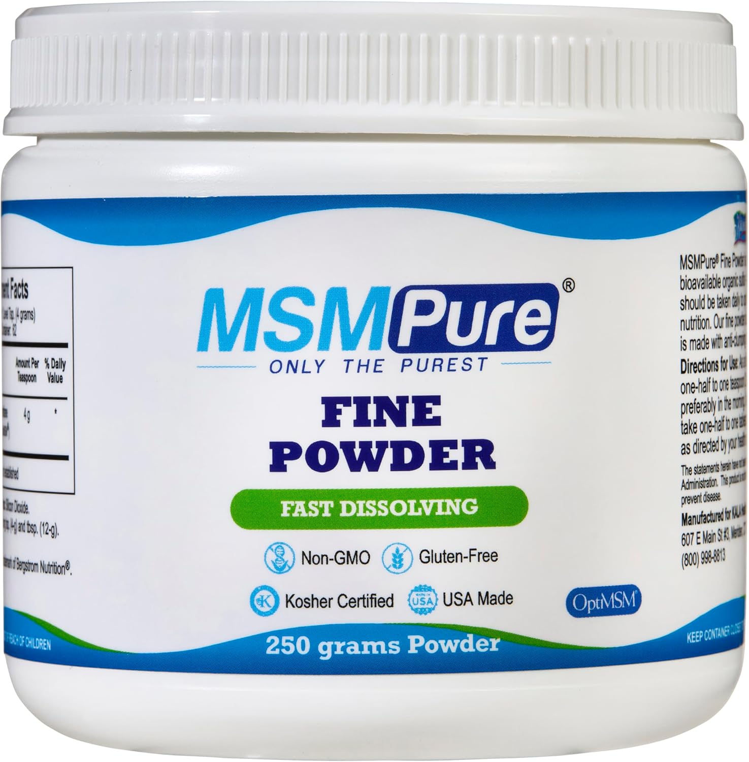 KALA HEALTH MSMPure Fast Dissolving Fine MSM Powder Crystals – US-Made MSM for Joint Health, Skin Appearance, and Hair & Nail Support – 8.8 oz, Organic Sulfur