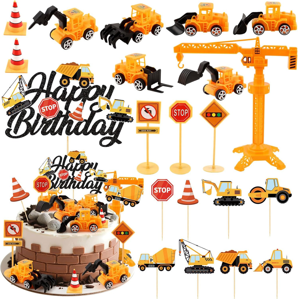 21PCS Construction Cake Toppers Truck Cake Decoration Set Excavator Tractor Tower Crane Cupcake Topper Traffic and Road Sign for Construction Happy Birthday Party Supplies