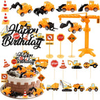 21PCS Construction Cake Toppers Truck Cake Decoration Set Excavator Tractor Tower Crane Cupcake Topper Traffic and Road Sign for Construction Happy Birthday Party Supplies