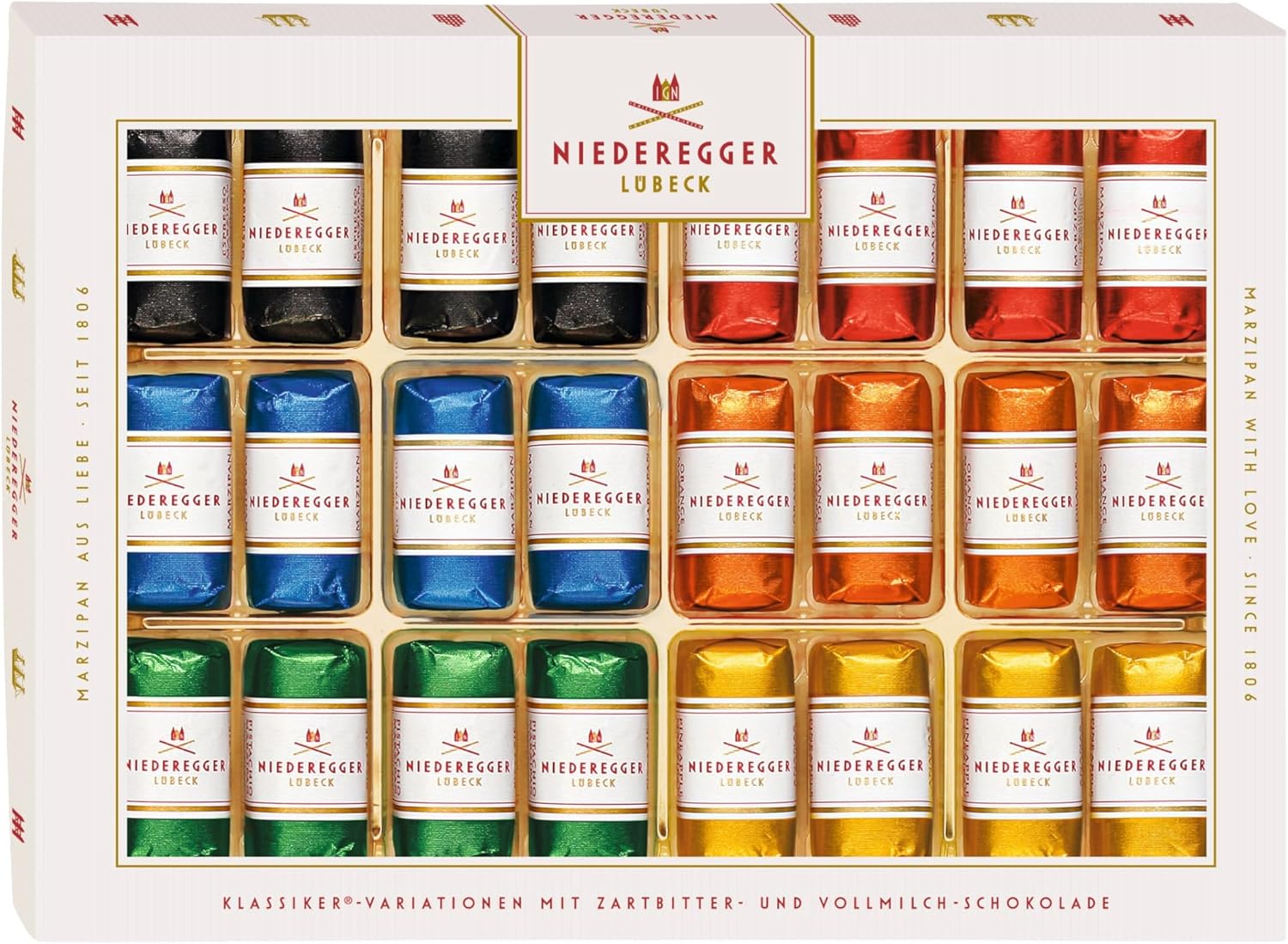 Niederegger Classic Marzipan Assortment Covered with Dark & Milk Chocolate 300g / 10.5oz | 24 Pieces per Box | 6 Variety - 4 Pineapple, 4 Orange, 4 Classic, 4 Pistachio, 4 Milk Chocolate & 4 Espresso