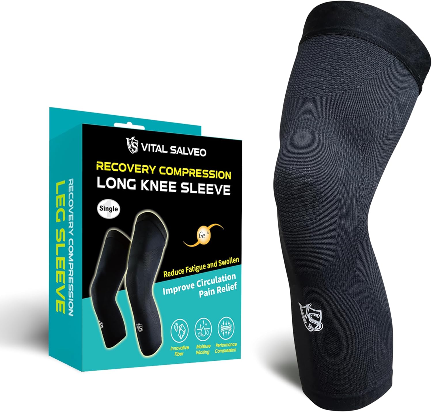 Vital Salveo Long Compression Knee Sleeve,Stiffness, Fatigue Relief, Circulation, Germanium Recovery for Women and Men, 3D Knit Breathable for Basketball, Sports, and Daily Wear (1 PC) XX-Large