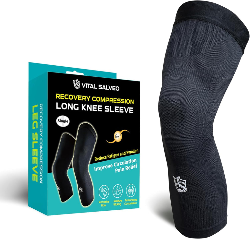 Vital Salveo Long Compression Knee Sleeve,Stiffness, Fatigue Relief, Circulation, Germanium Recovery for Women and Men, 3D Knit Breathable for Basketball, Sports, and Daily Wear (1 PC) Large