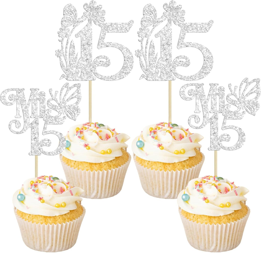 Ephlyn 24Pcs Mis 15 Cupcake Toppers Glitter Mis Quince 15 Feliz 15 Años Cupcake Picks Hello 15 Fabulous Cupcake Decorations for Cheers to 15 Happy 15th Birthday Party Cake Decorations Silver