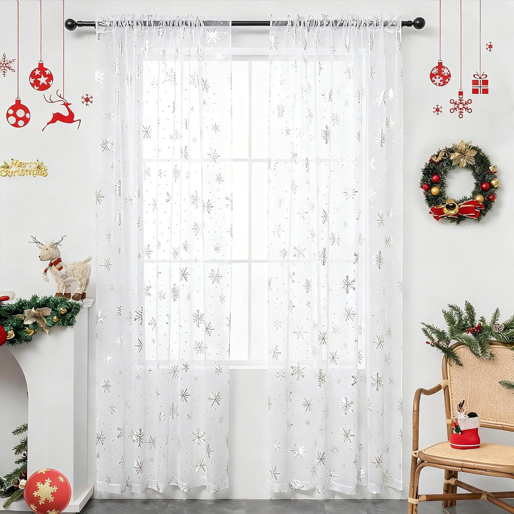 Christmas Sheer Curtains for Living Room, Luxury Snowflake Silver Foil Print Sheer Curtains, Rod Pocket Window Drapes Decorations for Bedroom and Home Decor, 2 Panels White 52W x 84L