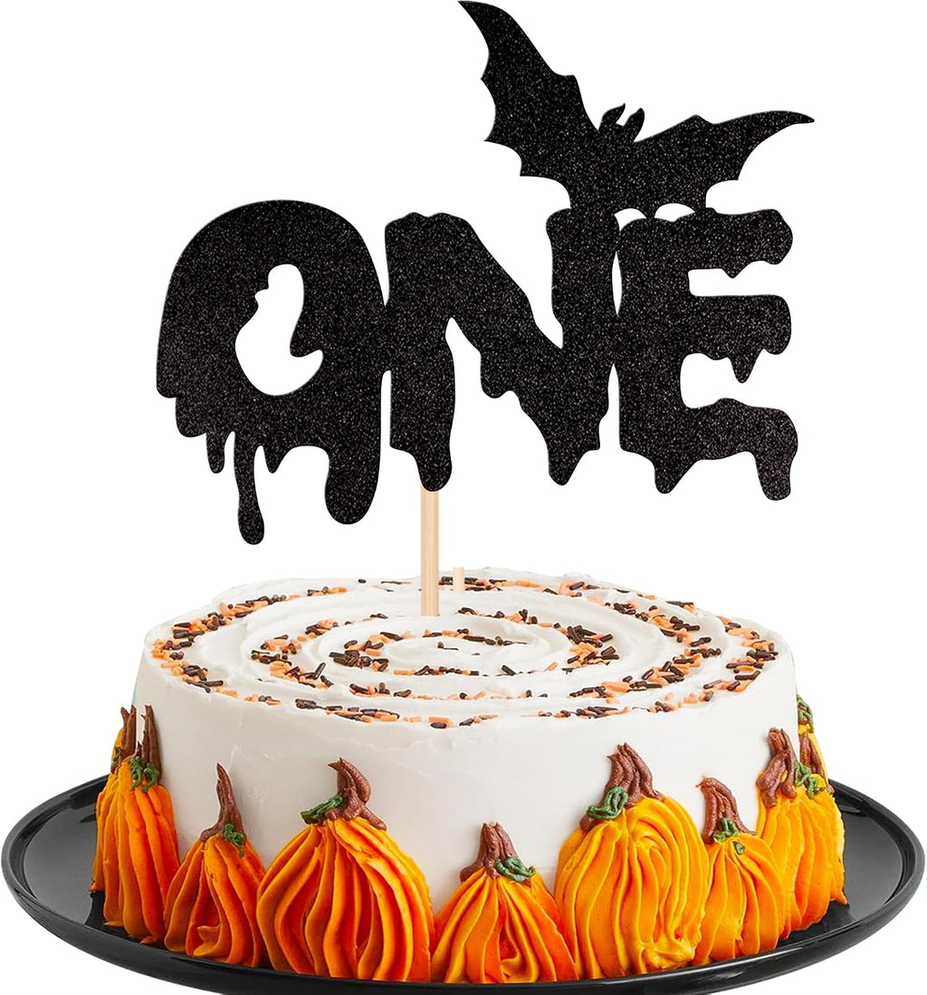 1 PCS Halloween One Cake Topper Black Glitter Bat Halloween 1st Birthday Cake Pick for Halloween Theme Baby First Birthday Party Cake Decorations Supplies