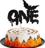 1 PCS Halloween One Cake Topper Black Glitter Bat Halloween 1st Birthday Cake Pick for Halloween Theme Baby First Birthday Party Cake Decorations Supplies