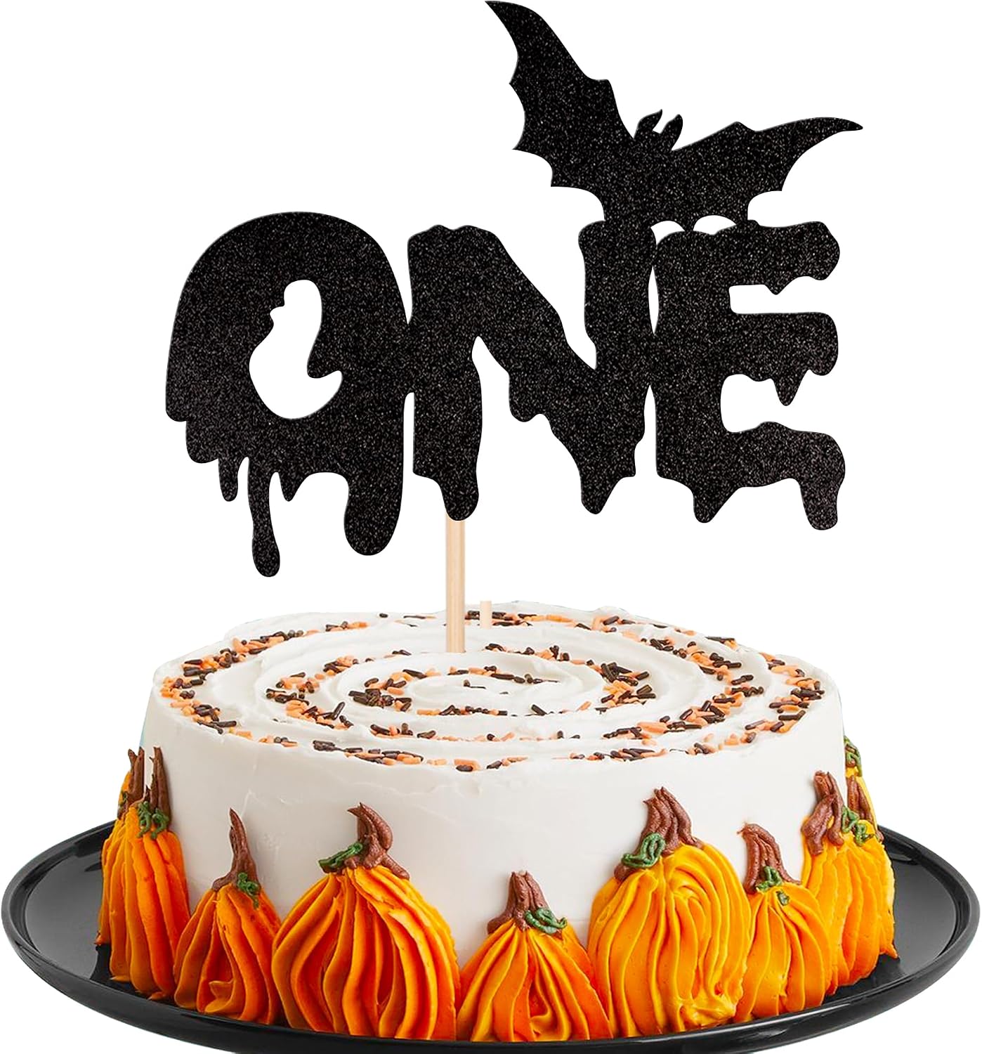 1 PCS Halloween One Cake Topper Black Glitter Bat Halloween 1st Birthday Cake Pick for Halloween Theme Baby First Birthday Party Cake Decorations Supplies