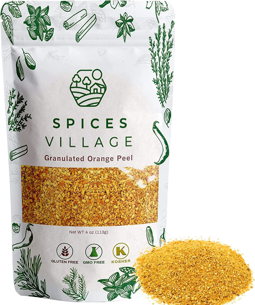 SPICES VILLAGE Orange Peel Granules, Dehydrated Orange Peel, 4 oz, Dried Zest, Dry Citrus Fruit Rind for Baking Cooking and Tea, Kosher, Gluten Free, Vegan, Non GMO, Resealable Bulk Bag