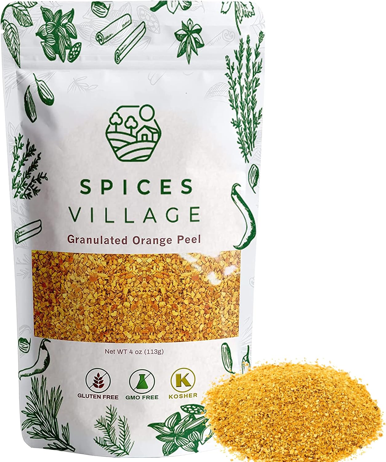 SPICES VILLAGE Orange Peel Granules, Dehydrated Orange Peel, 4 oz, Dried Zest, Dry Citrus Fruit Rind for Baking Cooking and Tea, Kosher, Gluten Free, Vegan, Non GMO, Resealable Bulk Bag
