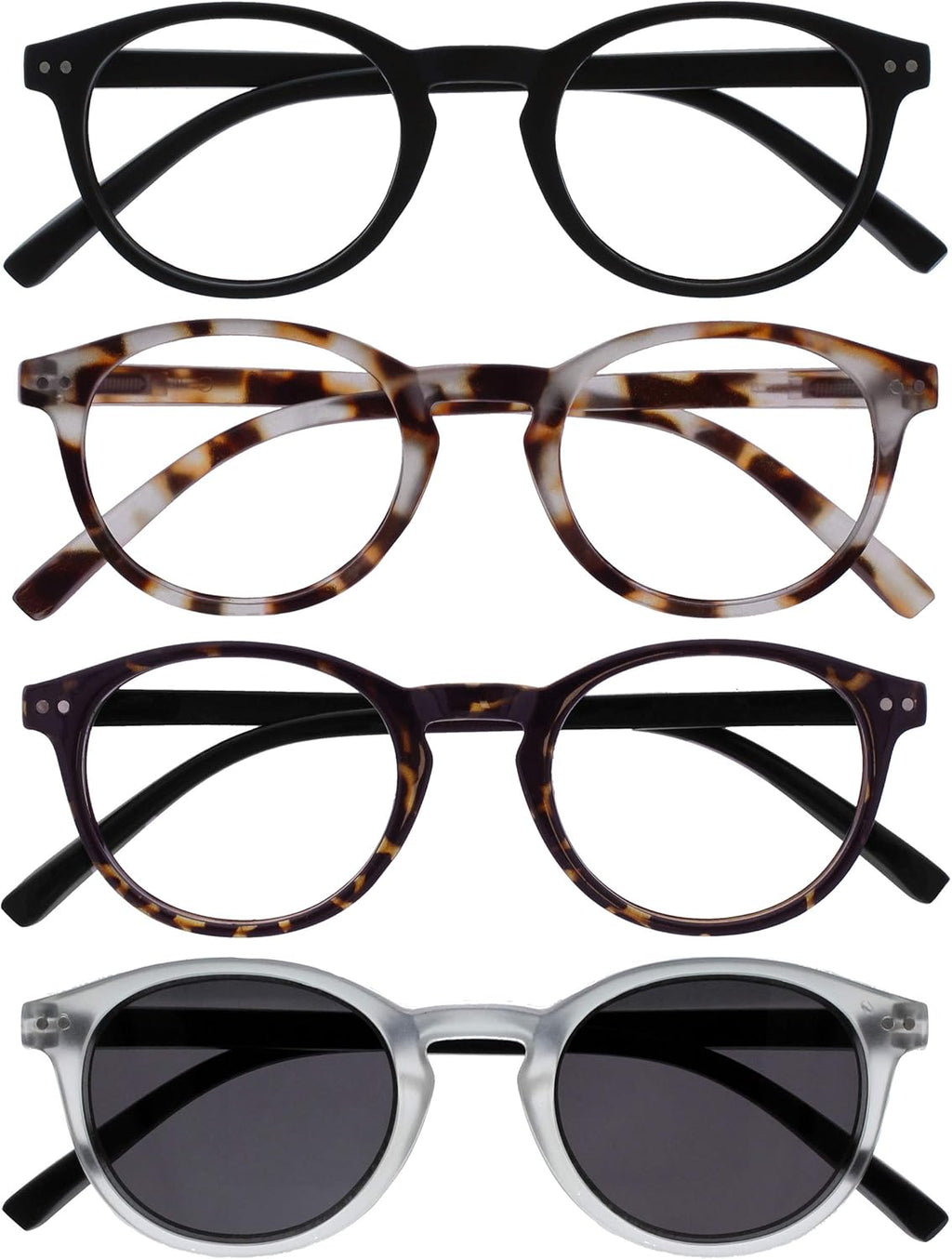 OPULIZE ZEN Reading Glasses and Reading SunGlasses for Women Men,Cool Round, Black,Light Brown,Dark Brown,Clear Crystal +2 (Pack of 4)