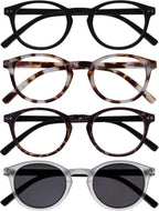 OPULIZE ZEN Reading Glasses and Reading SunGlasses for Women Men,Cool Round, Black,Light Brown,Dark Brown,Clear Crystal +2 (Pack of 4)