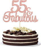 Gyufise 1Pcs 55 & Fabulous Cake Topper Rose Gold Glitter Fifty Five and Fabulous Cake Toppers Happy 55th Birthday Cake Pick for 55th Wedding Anniversary Birthday Party Cake Decorations Supplies